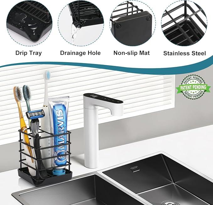 Toothbrush Holders for Bathrooms, Stainless Steel Bathroom Toothbrush Holder Kids Electric Tooth Brushing Holder Stand and Toothpaste Holder for Bathroom Accessories Organizer with Tray, Black (Small) - ModernBath