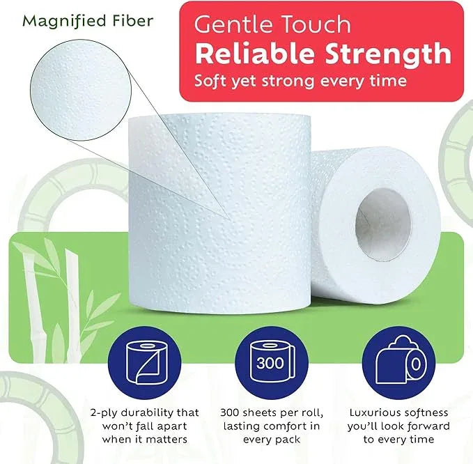 Bamboo Toilet Paper, Septic Safe Toilet Paper 2 Ply 24 Rolls 300 Sheets Per Roll, Soft Unscented Bath Tissue, RV Safe, Eco-Friendly, Non Chlorine, PFAS Free, Made in Canada - ModernBath