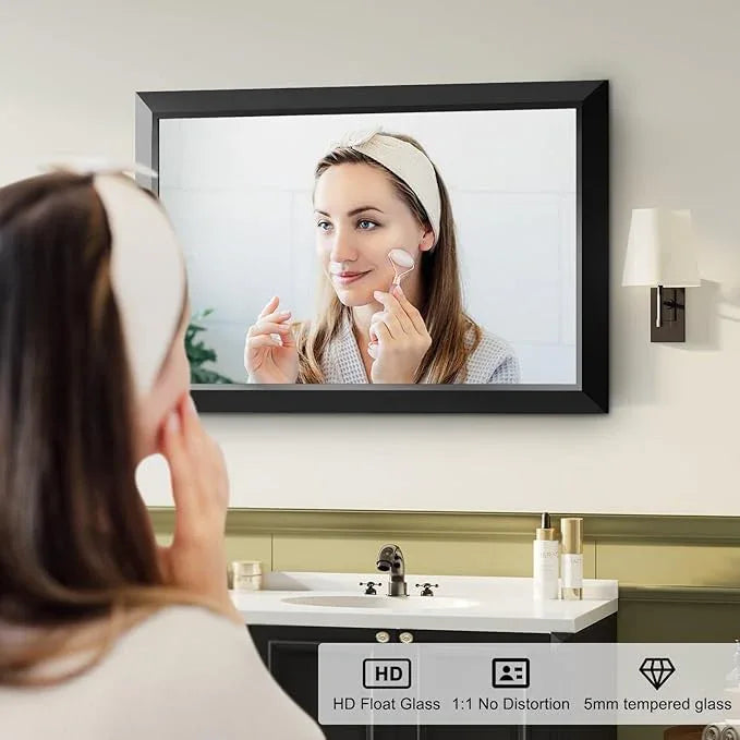 Black Bathroom Mirror for Over Sink, 22x30Inch Thick Anti-Rust Metal Frame, Rectangle Decorative Wall Mirror with HD Tempered Glass Horizontal or Vertical Mount for Vanity, Bedroom, Living Room - ModernBath