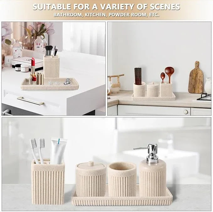 XLHOMO Resin Beige Bathroom Accessories Set 5 Pcs, Lotion Soap Dispenser, Toothbrush Holder, Bathroom Tumbler, Qtip Holder and Vanity Tray, Bathroom Countertop Organizer Set for Modern Home Apartment - ModernBath