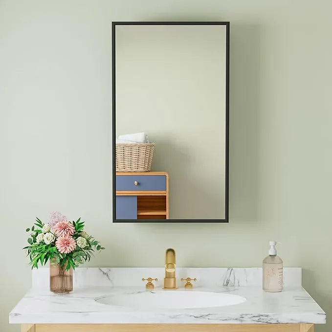 Buruis 14"x 24" Framed Medicine Cabinet with Mirror, Recessed or Wall Mounted Bathroom Cabinet, Adjustable Tempered Glass Shelves, Left/Right Open Reversible, No Assembly Required, Black - ModernBath