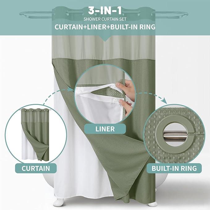 eachope Stall SageGreen No Hook Waffle Weave Shower Curtain with snap-in Liner Replacement, 230GSM Waterproof Fabric Hotel Shower Curtain Set for Bathroom, Through Mesh Top Window,54Wx80H - ModernBath