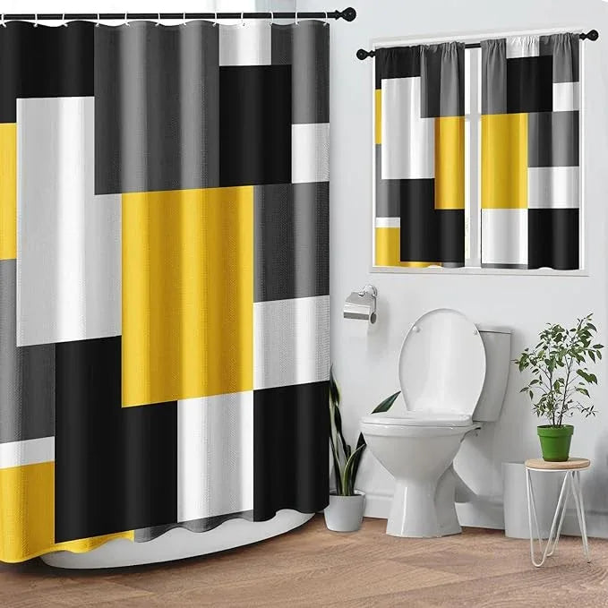 Culudea Geometric Yellow White Shower Curtain Set, Black and Gray Modern Bathroom Window Waterproof Shower Curtain Set for Bathroom Decor - ModernBath