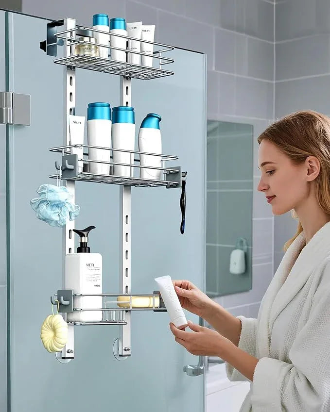 Nieifi Over the Door Shower Caddy, Stainless Steel Rustproof, Adjustable Hanging Shower Organizer, Anodized Aluminum, Silver - ModernBath