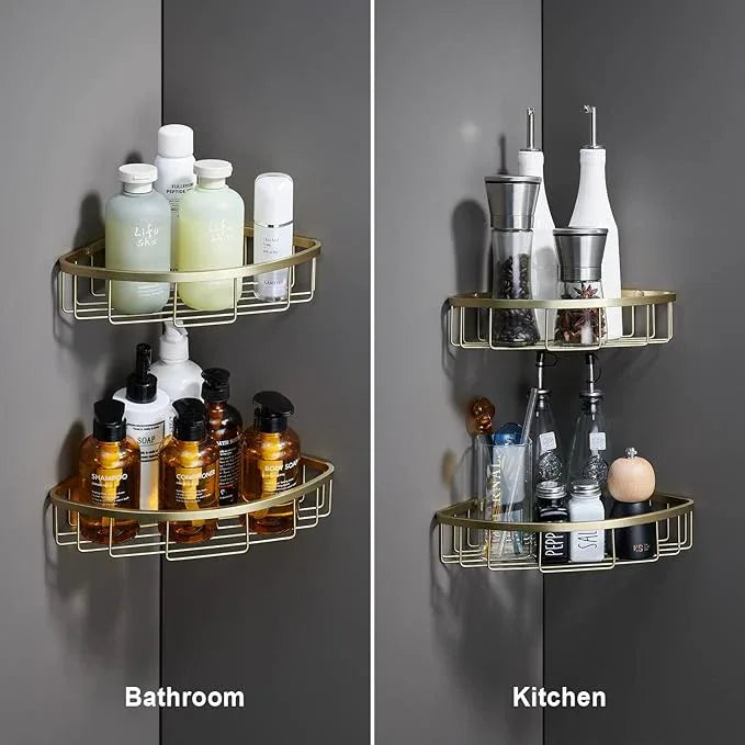 [2 Pack Bathroom Corner Shower Caddy Shelf Organizer, SUS304 Stainless Steel Heavy Duty Rust-Proof Shelf Holder, Wall Mounted Storage Rack for Bathroom Kitchen, Brushed Gold - ModernBath