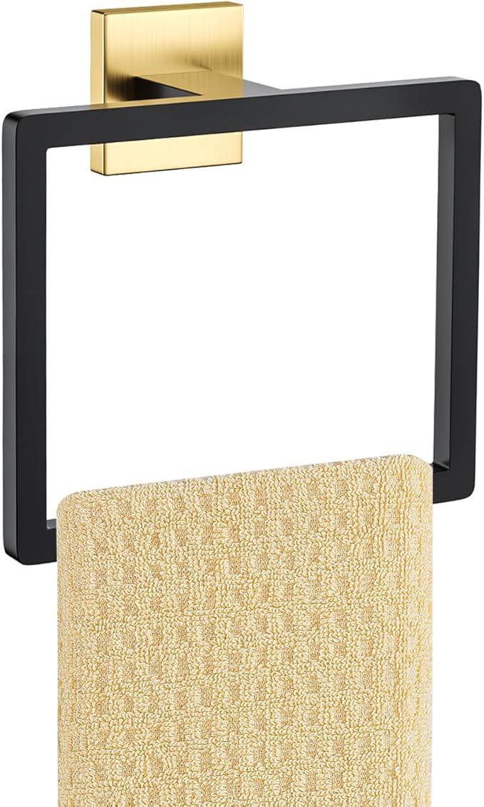 Black and Gold Towel Ring Square Hand Towel Holder Towel Hanger Bathroom Hardware Accessories Stainless Steel Wall-Mounted Towel Rack - ModernBath