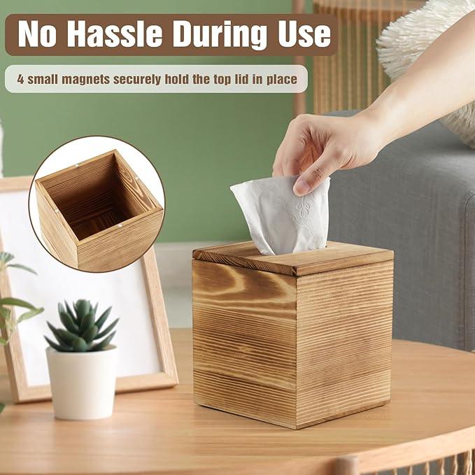 Dreamkey Square Burnt Wood Tissue Box Cover, Rustic Solid Wood Tissue Box Holder with Removable Top Lid for Bathroom, Bedroom, Living Room, Office, Brown - ModernBath
