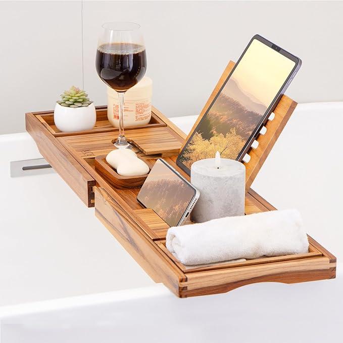 XcE Teak Bathtub Caddy Tray - Expandable to 41 Inches with Book Stand, Soap Holder & Anti-Slip Pads for Luxury Bath Spa, Teak - ModernBath