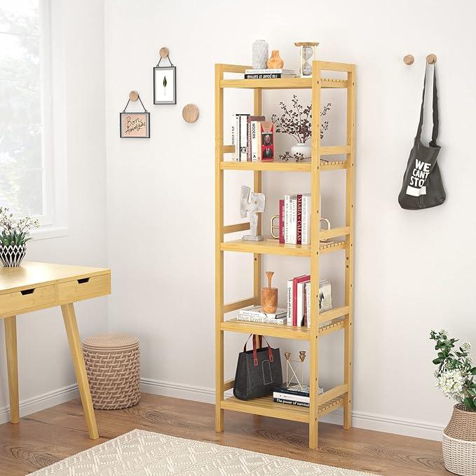 Homykic Bamboo Bookshelf, 5-Tier Narrow 55.9” Adjustable Book Shelf Bookcase Bathroom Shelves Freestanding Storage Stand for Living Room, Bedroom, Kitchen, Rust Resistance, Easy Assembly, Natural - ModernBath