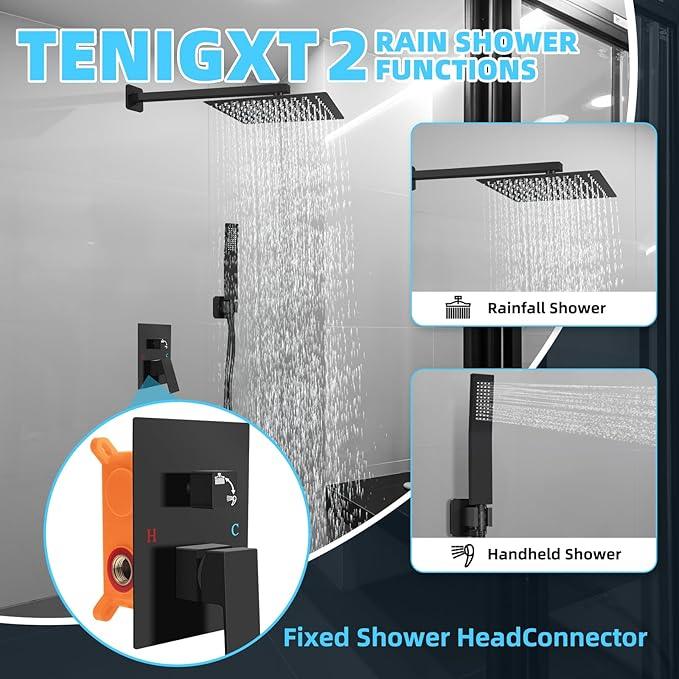 TENIGXT Bathroom Shower Faucet Set，10 Inch Rain Shower Head with Handheld Spray，Brass Shower Valve Trim Kit，Wall Mounted Square Rain Shower System (Matte black) - ModernBath
