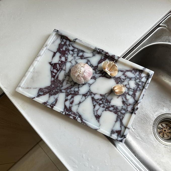 GHYFGD Real Natural Marble Tray Genuine Calcutta Viola Marble Stone Tray for Bathroom/Kitchen Counter (Calacatta Viola, 12" x 8") - ModernBath