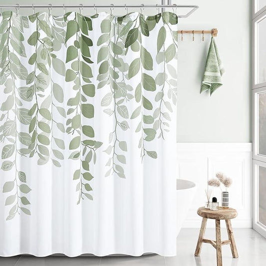 BOODII Long Shower Curtain 72x78, Sage Green Eucalyptu Shower Curtains for Bathroom Floral Watercolor Leaves Botanical Nature Fabric Bath Curtain Country Plant Cloth Bath Curtains - ModernBath