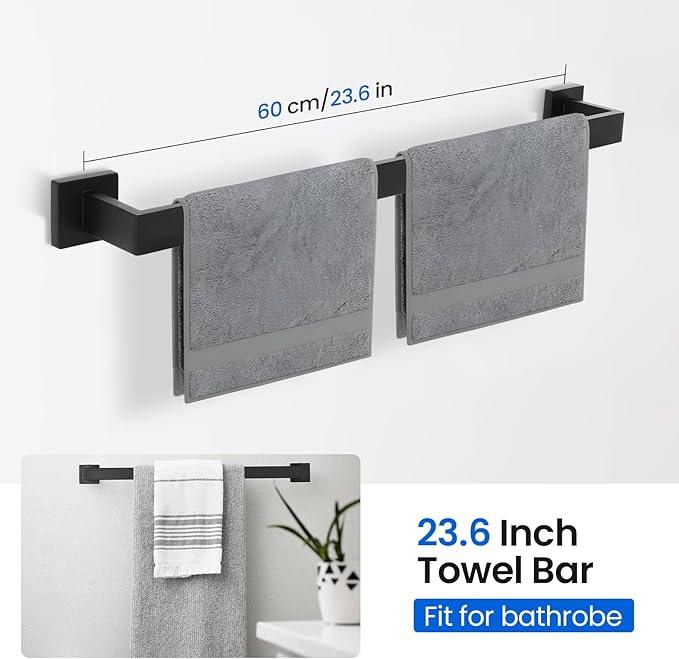 FAHKNS 10 PCS Bathroom Hardware Accessories Set 23.6 Inch Stainless Steel Bath Towel Bar Set Square Towel Ring Set for Bathroom Wall Mounted, Black - ModernBath