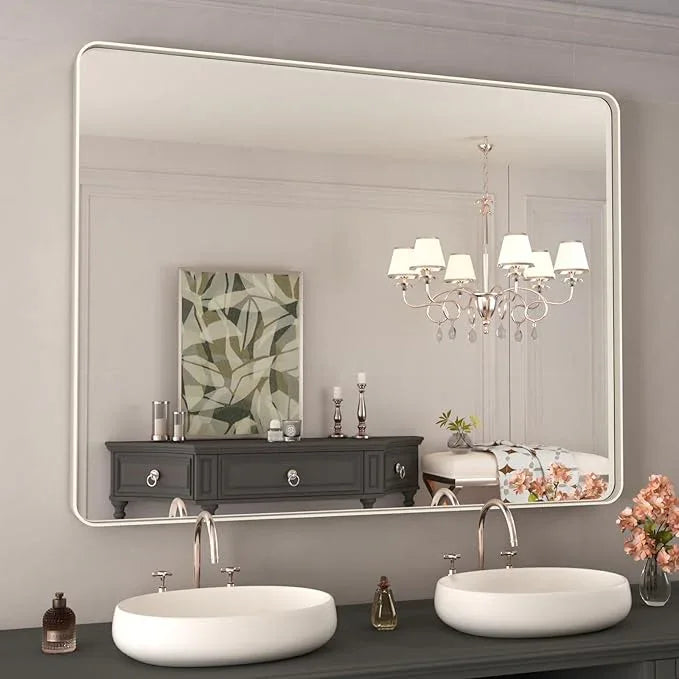 WEER 40X30 Inch Brushed Nickel Bathroom Mirror, Brushed Silver Metal Frame Mirror, Rounded Rectangle Silver Bathroom Vanity Mirror, Tempered Glass, Anti-Rust, Hangs Horizontally or Vertically - ModernBath