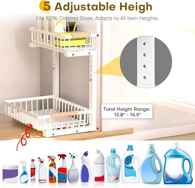 Under Sink Organizer, 2 Tier Pull Out Under-sink Shelves, Adjustable Height (13.8" -16.9"), Sturdy Metal Storage Organizer for Bathroom Kitchen Pantry Cabinet (2 Packs, White) - ModernBath