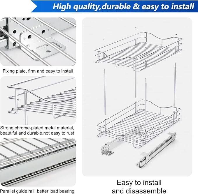Fulgente Chrome Finish Pull Out Drawers Cabinet Organizer, Professional Large Wire Basket Frame 2 Tier Heavy Duty Slide Out Kitchen Storage Organizations Shelves Sliding Pantry 11"W x 18"D x 15.12"H - ModernBath