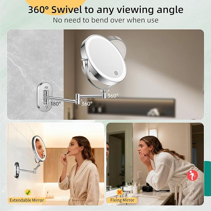 FUNTOUCH 5000mAh Rechargeable Wall Mounted Makeup Mirror with Lights,Double Sided 1X/30X Magnification,3 Color Lights,Touch Dimmable,Extended Arm 360 Rotation Lighted Bathroom Mirror - ModernBath