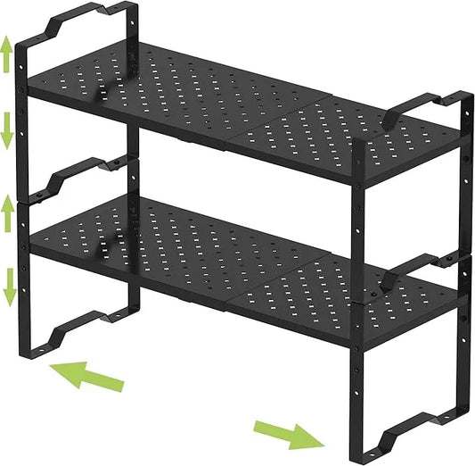 Jojocross Expandable Shelf for Cabinet Organizer Adjustable Stackable Spice Rack at Kitchen and Bathroom More,Metal Plate with Hole (2 Packs/Black, Large) - ModernBath