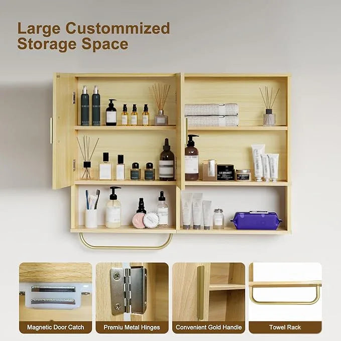 Bathroom Wall Cabinet Wood Large Wall Mounted Medicine Cabinet with 2 Doors and 4 Open Shelves Over Toilet Storage Cabinet Organizer with Towel Bar,Wood - ModernBath