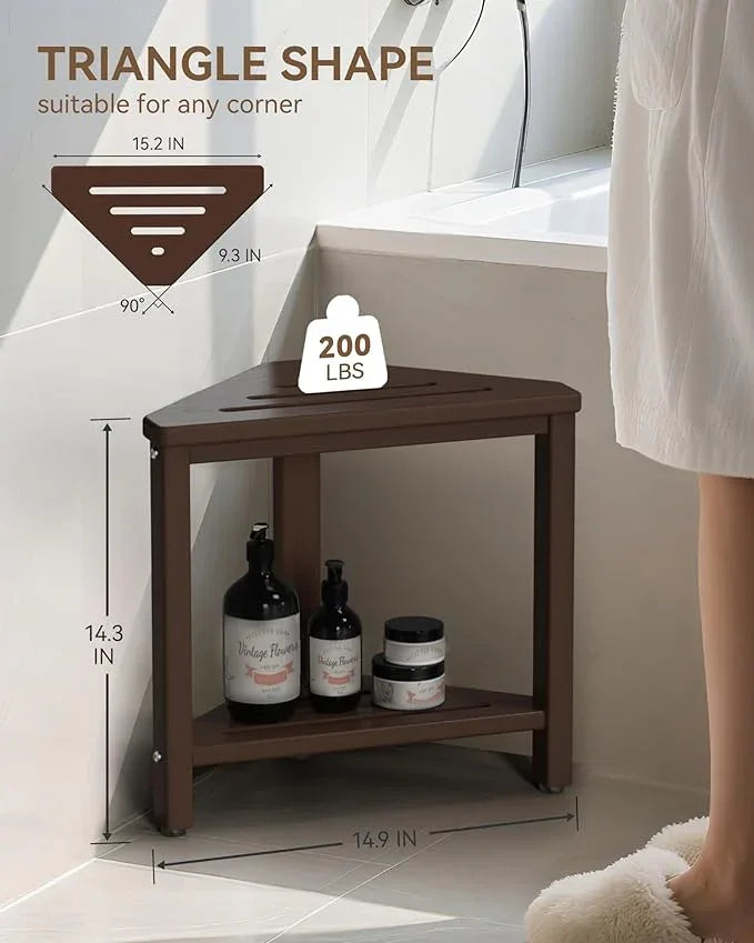 Shower Foot Rest 15in, HDPE Waterproof Shower Stool for Inside Shower, Corner Shower Stool for Shaving Legs with Storage Shelf for Small Space, Shower Step Stool, Plastic Corner Shower Bench, Brown - ModernBath