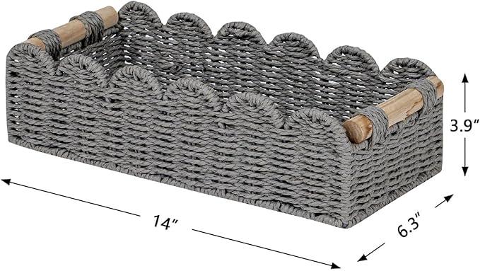 CubesLand Scalloped Edge Toilet Paper Storage Basket, Living Room Home Cozy Decor Basket, Paper Rope Small Baskets for Over Toilet Storage Shelf, End Table, Shelves, with 2 Wooden Handles, Grey - ModernBath