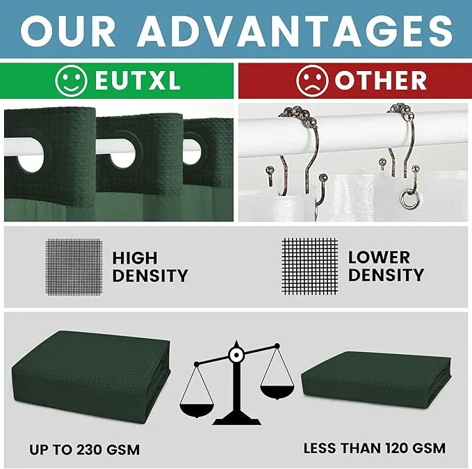 EUTXL Dark Green Shower Curtain and Liner Set - 230GSM Waffle Weave Textured Heavy Duty,Hotel Luxury Weighted Bath Curtain,71W x 74H - ModernBath