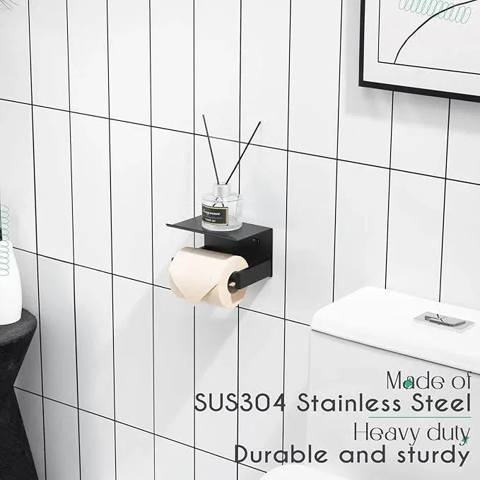 KOKOSIRI Roll Paper Holder Spring Loaded Tissue Paper Holder Bathroom Toilet Roll Holder with Shelf Wall Mounted Stainless Steel Matte Black B2012BK - ModernBath