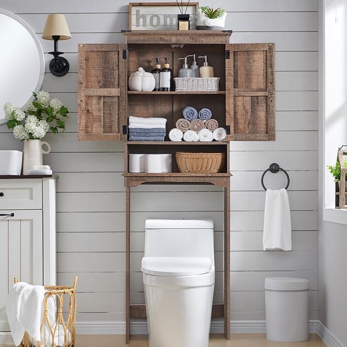 ACCOHOHO Over The Toilet Storage Cabinet, Farmhouse Bathroom Cabinet with Adjustable Shelf & Barn Door, 67" Tall Over The Toilet Shelf, Rustic Brown - ModernBath