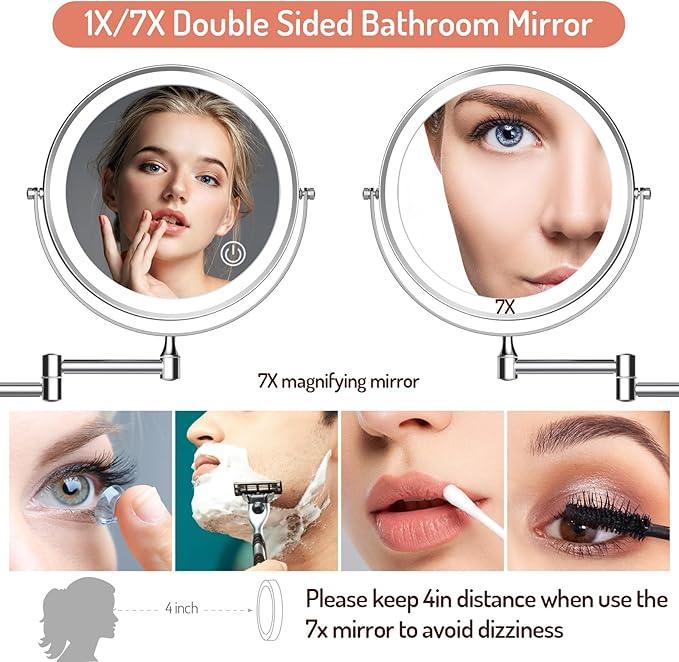 Rocollos Rechargeable Wall Mounted Lighted Makeup Mirror, 8 Inch Double-Sided LED Vanity Mirror 1X/7X Magnification,3 Color Lights Touch Screen Dimmable 360°Swivel 13 Inch Extendable - ModernBath