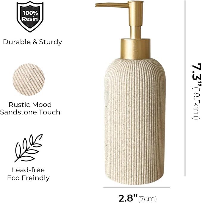 Lunestella Sand Beige Hand Soap Dispenser for Bathroom and Kitchen with Matte Gold Pump, Lotion, Dish Soap, Multiuse, Luxury Farmhouse Style, Sandstone Finish, Rust Proof, 7oz (Matte Gold) - ModernBath
