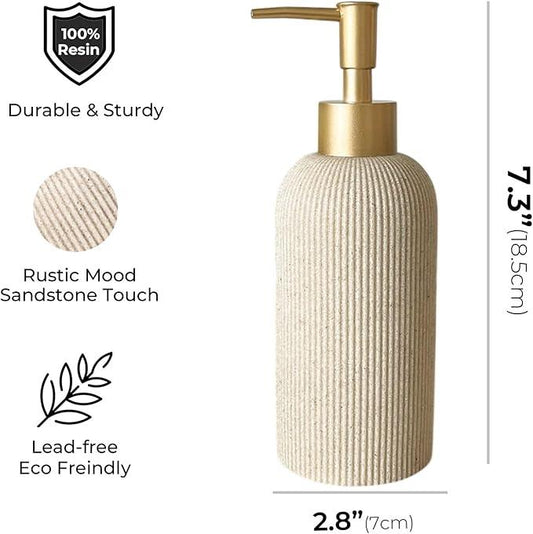 Lunestella Sand Beige Hand Soap Dispenser for Bathroom and Kitchen with Matte Gold Pump, Lotion, Dish Soap, Multiuse, Luxury Farmhouse Style, Sandstone Finish, Rust Proof, 7oz (Matte Gold) - ModernBath