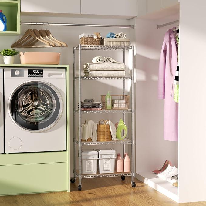 SINGAYE 5 Shelves Storage Shelf Wire Closet Bathroom Organizers Metal Pantry Kitchen Garage Shelving Unit Laundry Room Organization Home Rack Net Basket White with Wheels - ModernBath