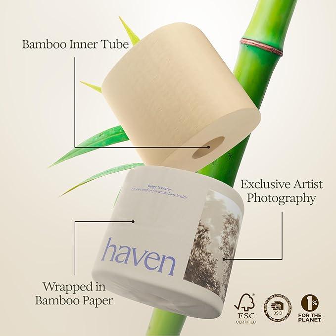 Haven Bamboo Toilet Paper (Pack of 16) Bulk Rolls - 100% Organic Tissue - 3-Ply Septic Safe, Unbleached, Non-Toxic, BPA-Free Plant Paper - Dermatologist Approved, Hypoallergenic - Silky Soft Lint-Free - ModernBath