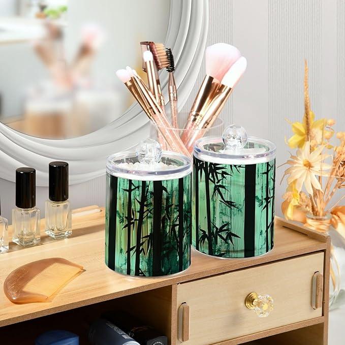 Qtip Holder Bathroom Set Q tip Cotton Ball Swab Pad Dispenser Container Organizer Plastic Jars with Lids Storage 2Pack Watercolor Green Bamboo Forest Silhouette - ModernBath