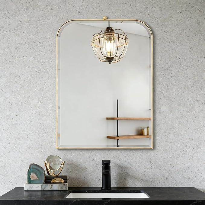 POZINO Brushed Gold Arched Mirror, 22"x35" Brass Vanity Oblong Mirror for Over Sink, Stainless Steel Frame Rounded Rectangle Mirrors for Bathroom Bedroom Living Room Entryway Hallway - ModernBath