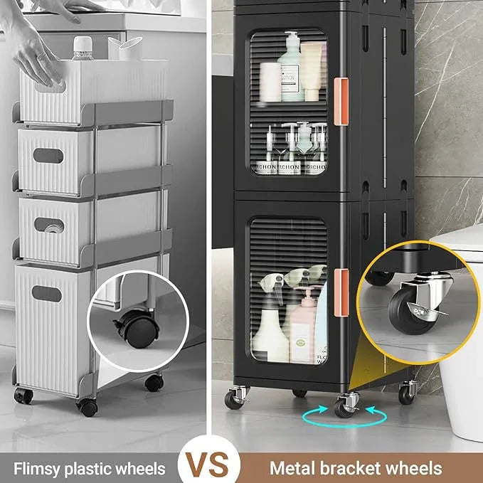 BROVIEW 6-Tier Tall Narrow Storage Cabinet Organizer, Slim Bathroom Cabinets with Adjustable Shelves and Doors, Plastic Kitchen Pantry Organizers and Storages for Small Space, Laundry, Black - ModernBath