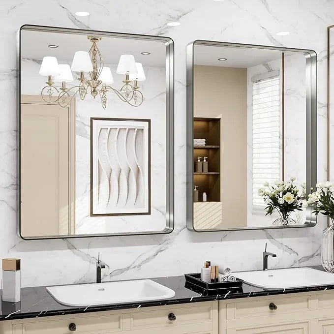 LOAAO 24X36 Inch Brushed Nickel Bathroom Mirror, Rounded Rectangle Silver Metal Frame Mirror, Brushed Nickel, Anti-Rust, Hangs Horizontally or Vertically - ModernBath