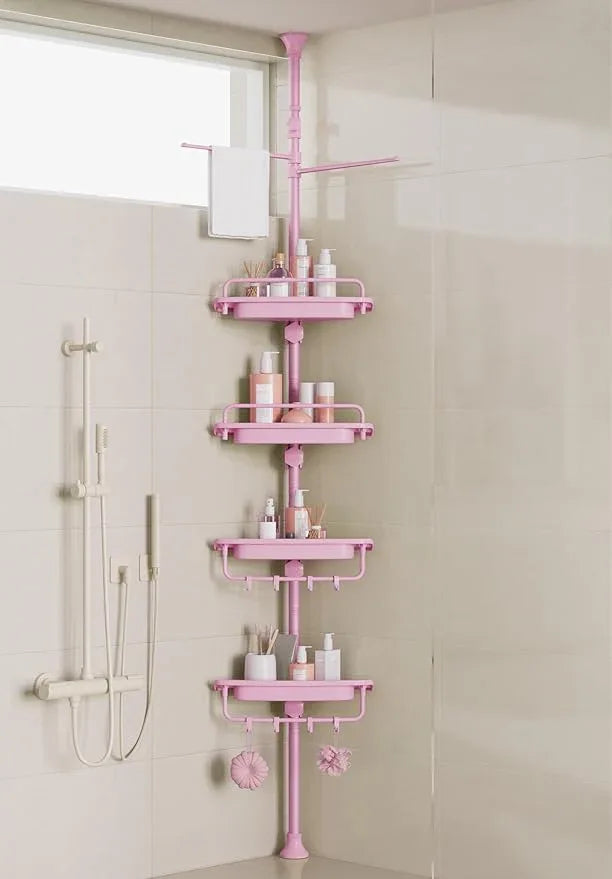 32-122inch Corner Shower Caddy Tension Pole Pink, Rustproof Drill-Free Shower Shelves for Bathroom Bathtub Washbasin, Adjustable Shower Organizer with 4 Tier Patent Stable Shelves & Towel Bars - ModernBath