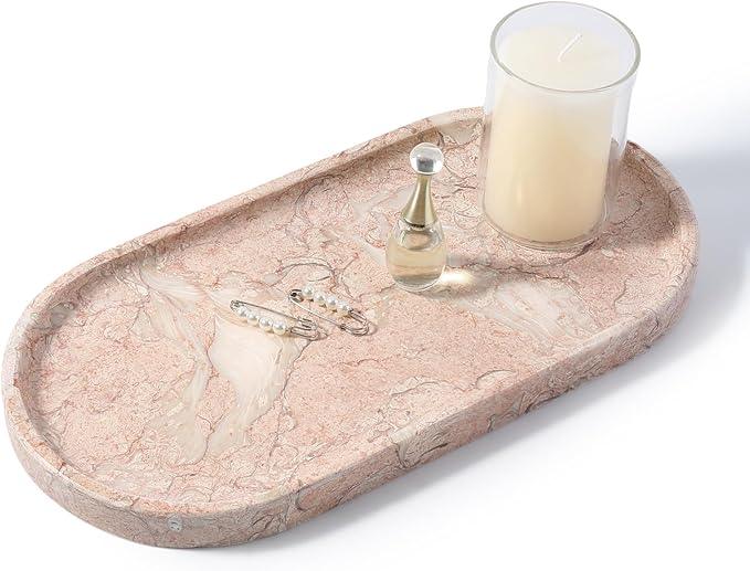 Koville Pink Marble Tray for Bathroom Countertop, Vanity Tray Stone Trays for Decor, Natural Marble Decorative Tray for Dresser Organizer, Storage Trays for Perfume, Jewelry, Cosmetics(Coquille Pink) - ModernBath