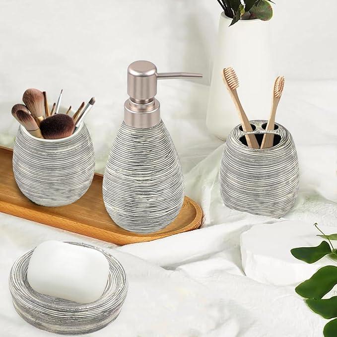 CERBIOR Bathroom Accessories Set,4 Pcs Ceramic Bathroom Decor Accessory,Includes Toothbrush Holder, Toothbrush Cup, Soap Dish for Decorative Countertop and Housewarming Gift(Grey 4pcs) - ModernBath