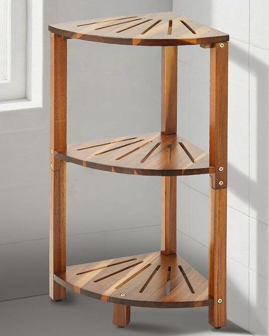 IBosins Corner Shower Caddy Standing 3-Tier Bathroom Shower Shelf for Inside Shower Natural Acacia Wood Organizer & Storage for Bedroom Living Room Kitchen