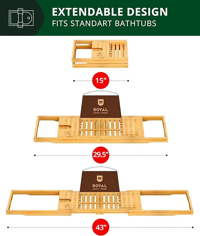 ROYAL CRAFT WOOD Premium Foldable Bathtub Tray Caddy - Wood Bath Tray for Tub, Bamboo Shelf, Expandable Bath Table Trays, Bathtub & Bathroom Accessories for New Home & Mothers, Birthday Gifts for Mom - ModernBath