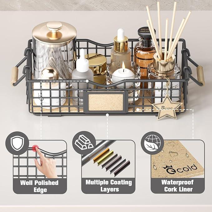 Bathroom Tray Organizers and Storage, 3 Pack Storage Baskets with Wooden Handles, Multipurpose for Bathroom, Coffee Bar, Kitchen cabinet, Living Room - Grey - ModernBath