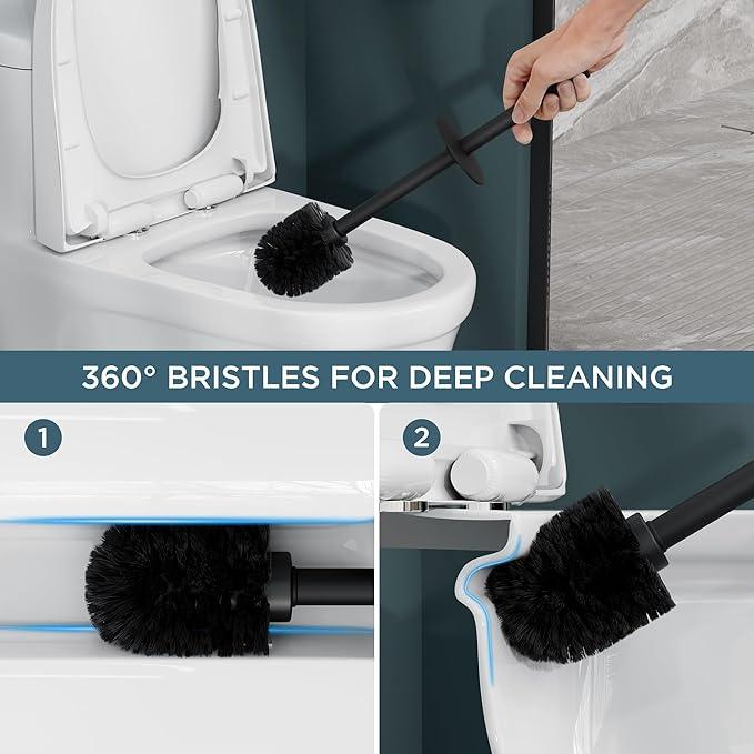 FORIOUS Toilet Brush and Holder Set, Heavy Duty 304 Stainless Steel Base Square and Long Handle for Bathroom Deep Cleaning, Drip-Proof, Space Saving for Storage, 2 Toilet Bowl Brush Head, Black - ModernBath