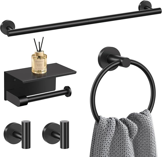 5-Piece Towel Bar Set Black Bathroom Hardware Accessories Set Upgraded Toilet Paper Holder with Shelf Towel Holder Set for Bathroom Stainless Steel Wall Mounted - ModernBath