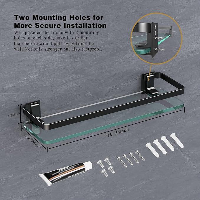 VOLPONE Bathroom Wall Shelf 15.7in Bathroom Glass Shelves Wall Mount Glass Shelf Rustproof Bathroom Wall Organizer 3 Tier (Black) - ModernBath