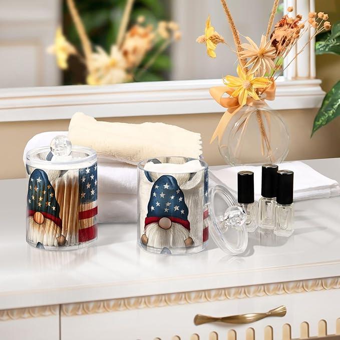 Tatenale Qtip Holder Bathroom Set Q tip Cotton Ball Swab Pad Dispenser Container Organizer Plastic Jars with Lids Storage 2Pack 4th Of July Patriotic Gnomes White - ModernBath