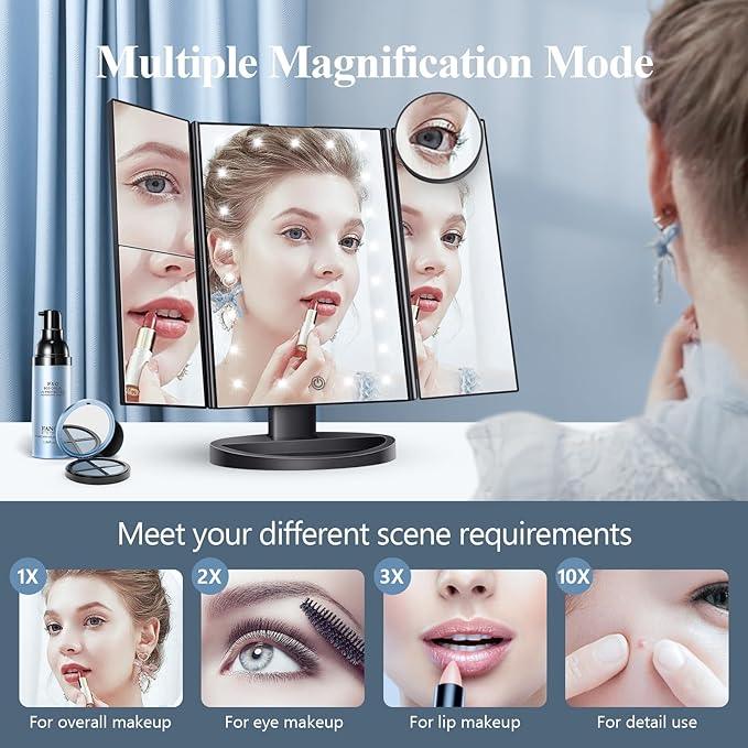 HUONUL Makeup Mirror Vanity with Lights, 2X 3X 10X Magnification, Touch Control, Trifold Mirror, Dual Power Supply, Gifts for Women, Wife, Mom, Teengirls(Black) - ModernBath