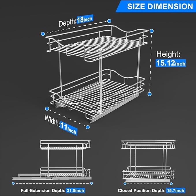 Fulgente Chrome Finish Pull Out Drawers Cabinet Organizer, Professional Large Wire Basket Frame 2 Tier Heavy Duty Slide Out Kitchen Storage Organizations Shelves Sliding Pantry 11"W x 18"D x 15.12"H - ModernBath