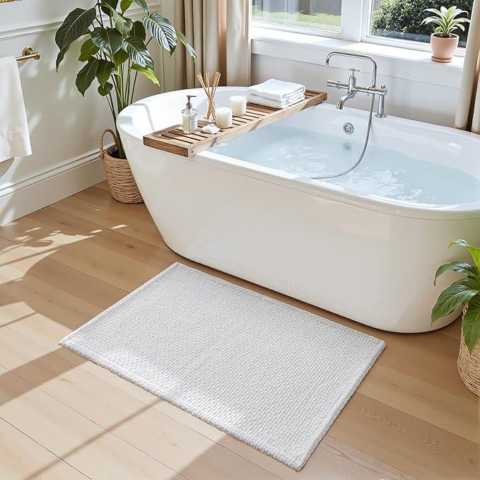DEXI Bathroom Rugs 16x24, Non Slip Washable Bath Mat, Absorbent Chenille Bathmat, Ultra Soft Thick Carpet for Tub Shower Floor, White - ModernBath